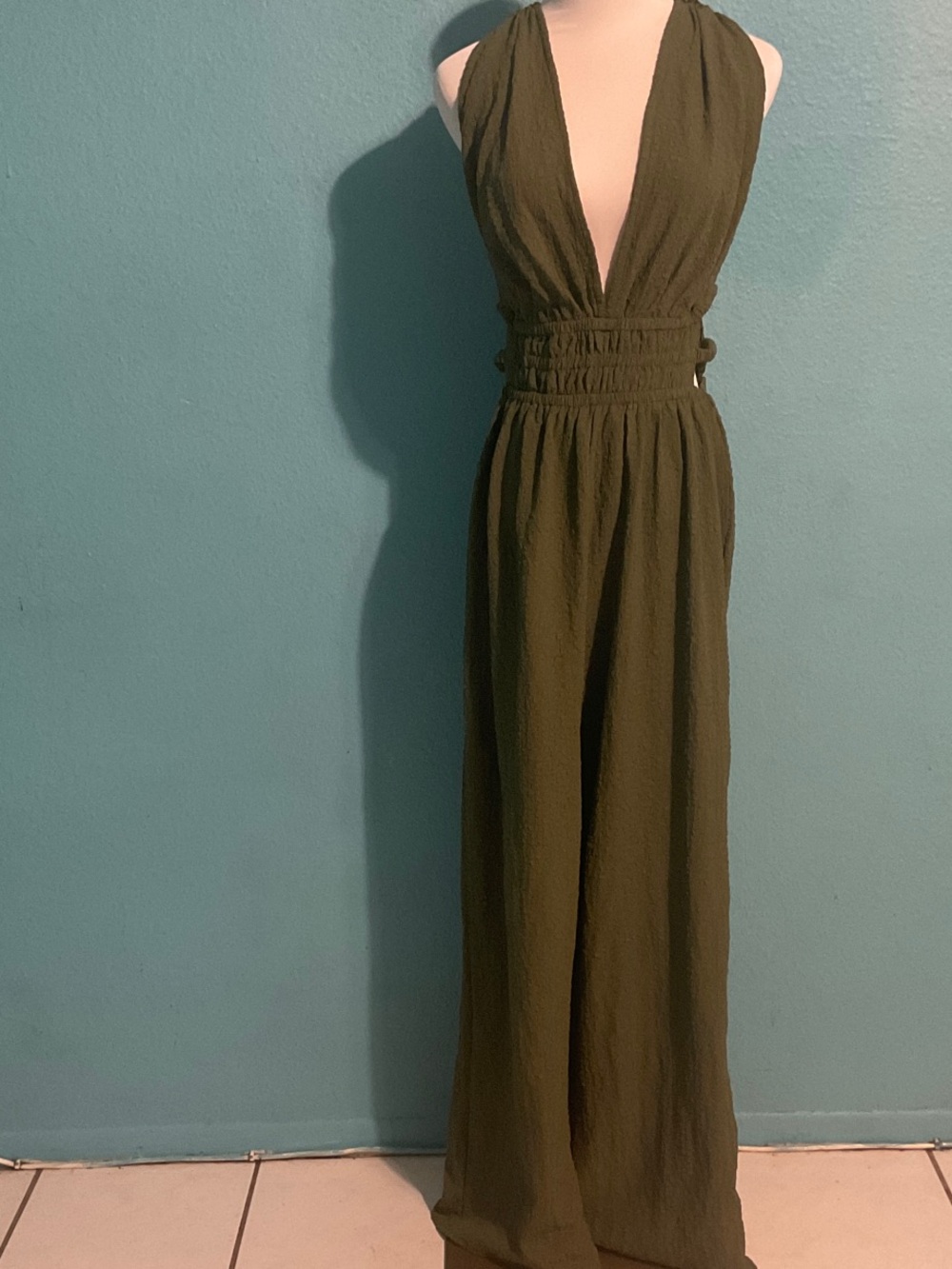 Deep V Olive Halter Wide-Leg Jumpsuit